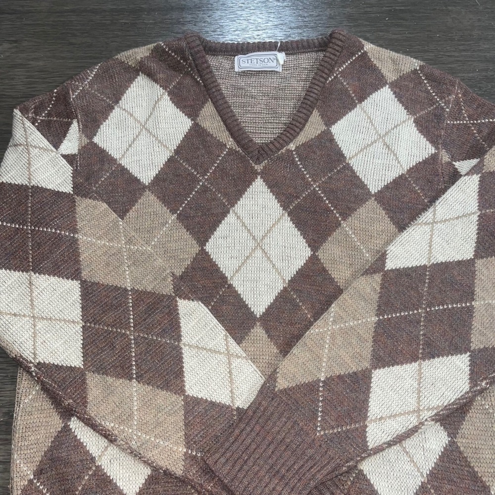 Vintage Stetson Mens M Brown Argyle V-Neck Sweater Wool Blend Made in USA